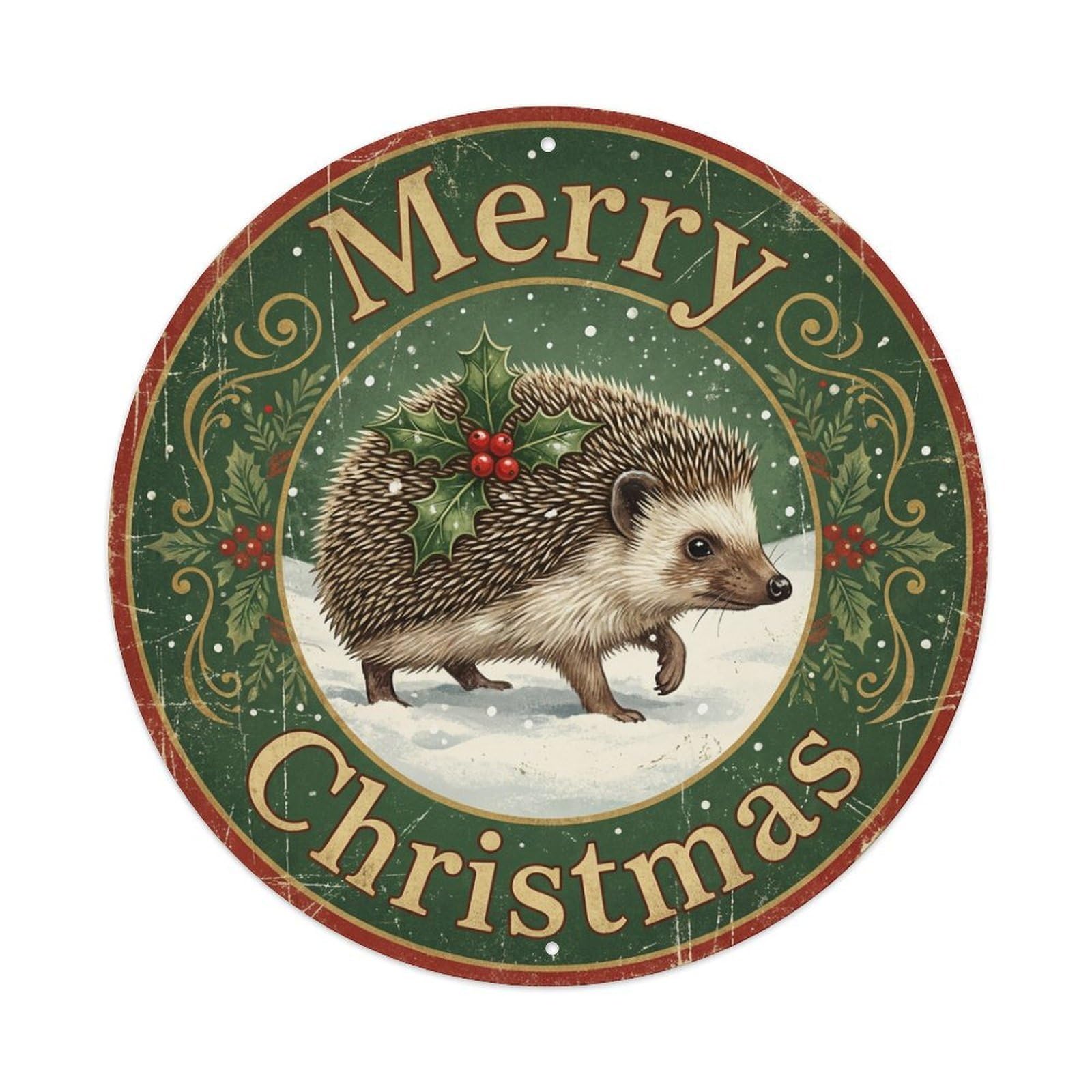 Merry Christmas Hedgehog Holly Leaf Metal Tin Sign