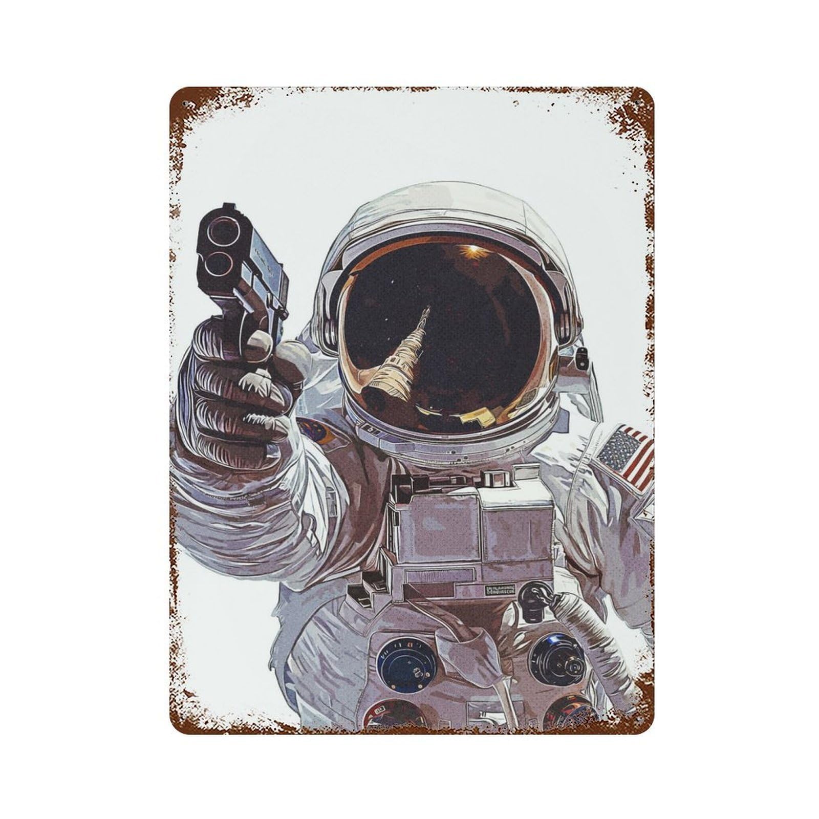 Rust Effect Astronaut Holding A Gun Rusty Metal Tin Sign 15.7"x11.8", Old School Wall Decor for Basement, Hobby Room And Garage Decor