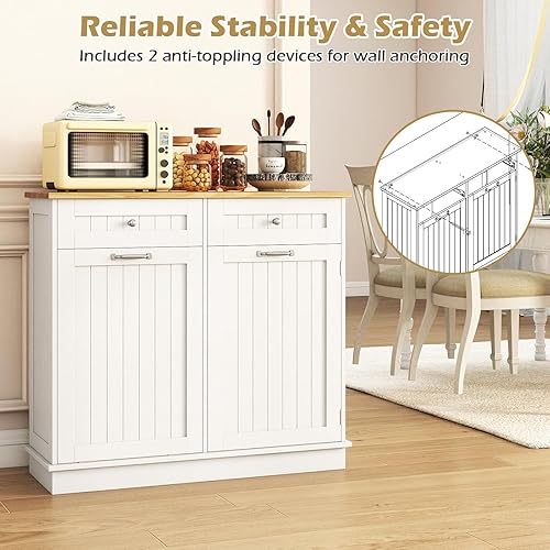 Miniatura 24 de Armario de basura inclinable, isla de cocina con 2 cajones y estante ajustable, encimera de madera de goma, cesta de lavandería independiente,