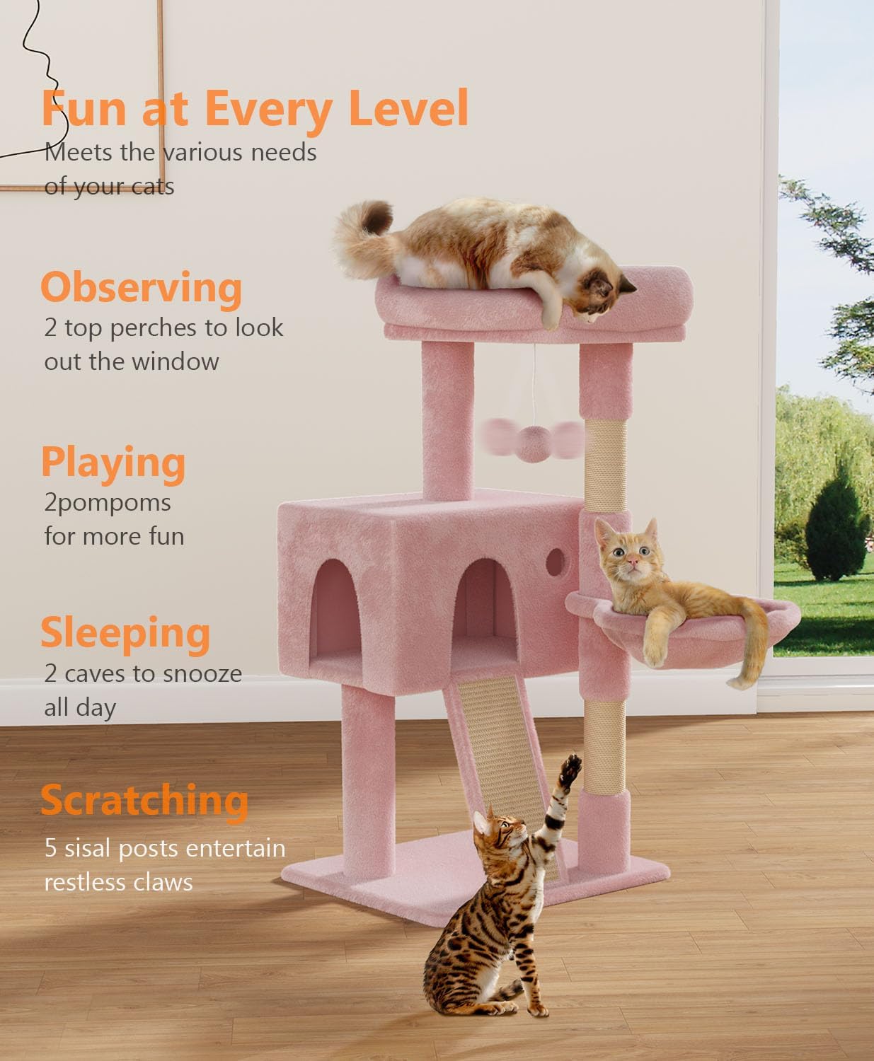 Cat Tree Tower for Indoor Cats Large Adult,Cute/Tall Modern Cat Tree for Big Cats 20 lbs,Plush Multi-Level Cat Condo with Scratching Posts,Hammock, Dangling Ball (Soft Pink, 36 inch)