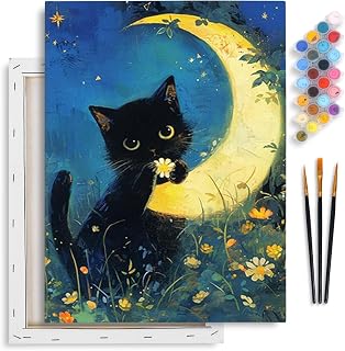 Fountor Cat Framed Paint by Numbers Kit for Adults Beginner 12x16 Inch, Black Cat Paint by Number with Frame, DIY Acrylic Moon Painting by Numbers Kit on Canvas for Home Decor Gift