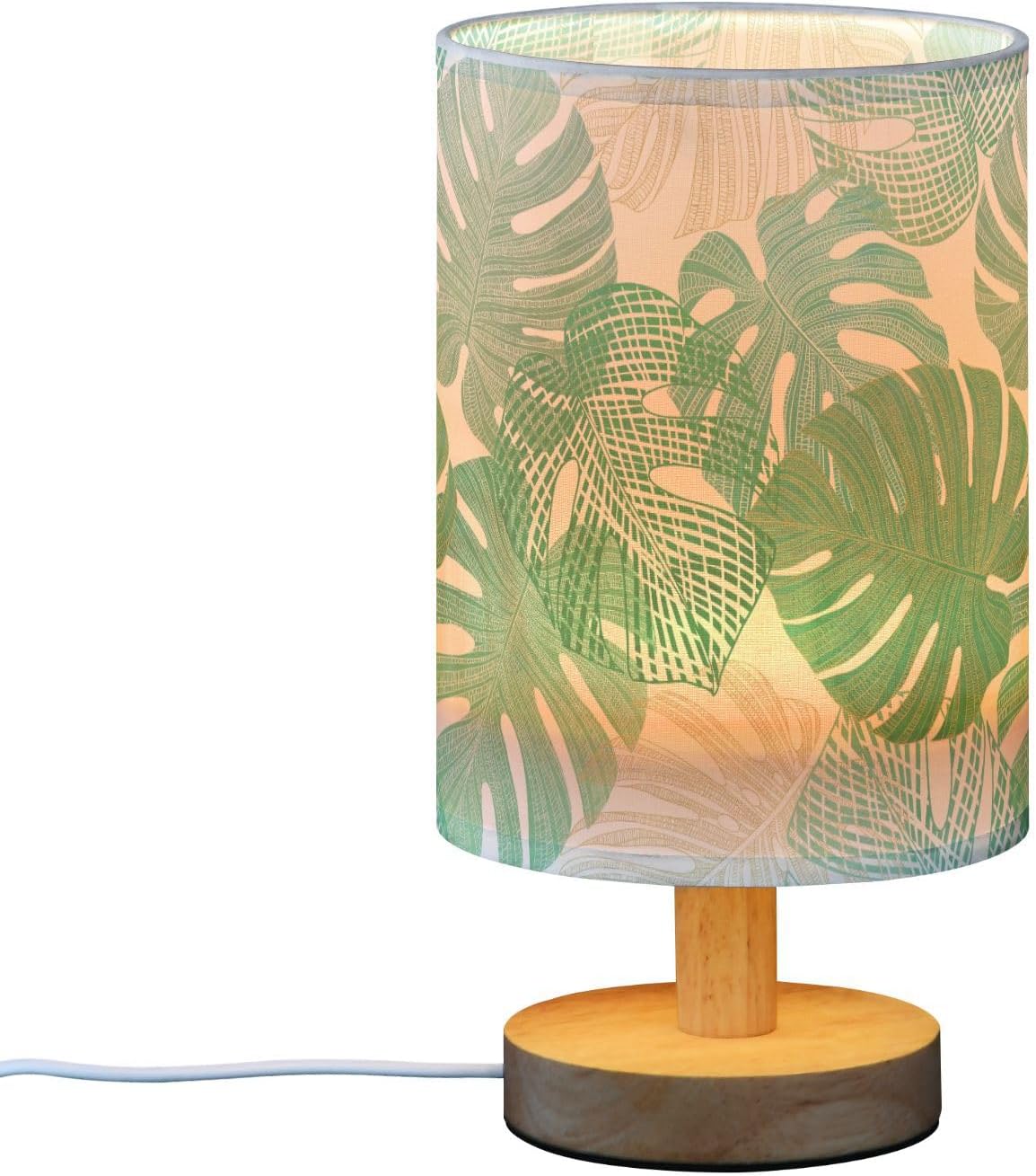 Monstera Leaf Tropical Leaves Jungle Foliage Table Lamp with Wood Base Fabric Lamp Shade Bedside Nightstand Desk Lamp for Living Room Bedroom Kids Room Office