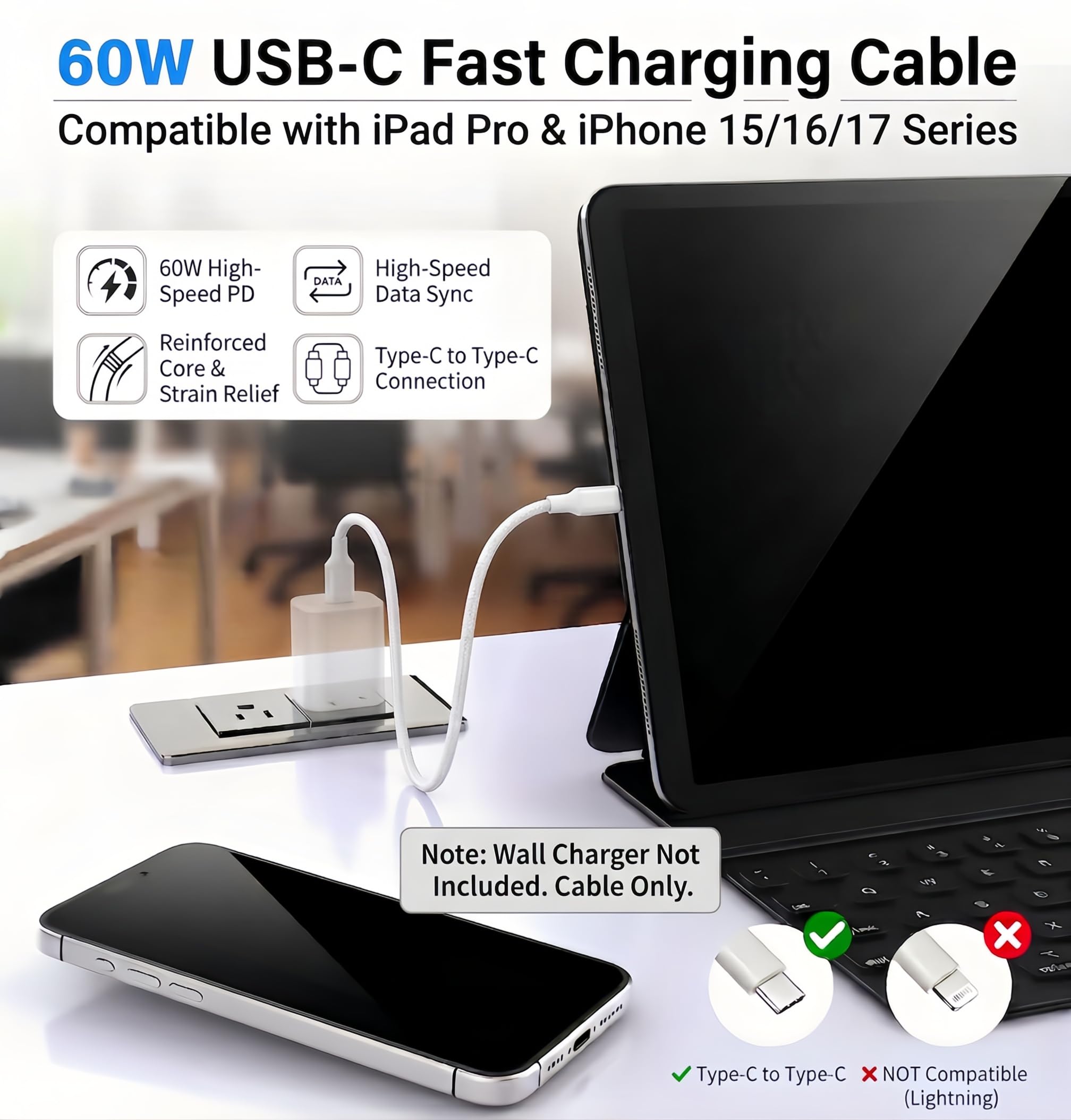 TZBAY Paquete de 4 cables de carga rápida USB-C a C de 60 W, cable de carga rápida tipo C a C para iPhone 17, 17 Air, 17 Pro, 17 Pro Max, 16,16 Plus, 16 Pro, 16 Pro, 16 Pro Max, 15, Pad Pro, Galaxy