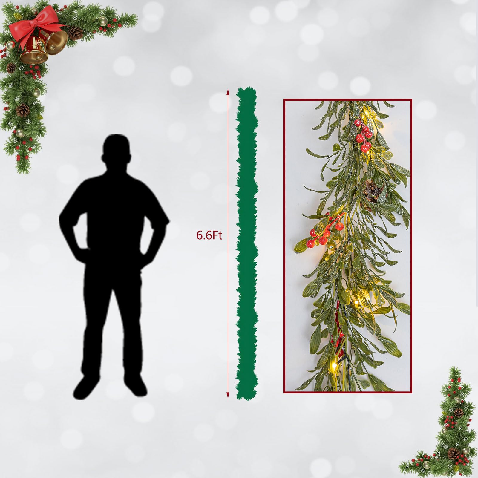 SLPBABY Beleuchtete Weihnachtsgirlande mit 20 LED-Lichtern, beflockte Girlande verziert mit Tannenzapfen, rote Beere, batteriebetrieben mit Timer für Kaminsims, Treppen, Innen- und Außendekorationen
