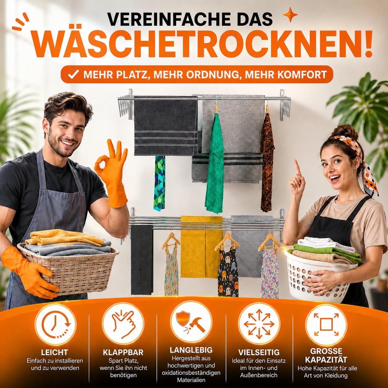 TEHORNEO Wäscheständer Wandmontage 100 cm, Wäschetrockner Wand aus Edelstahl, Wandtrockner Ausziehbar, Wäscheständer Wand, Wandwäschetrockner, Wandtrockner Ausziehbar 25 kg Tragfähigkeit