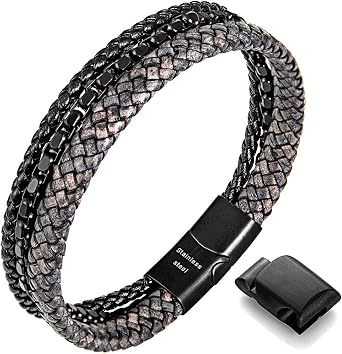 Men's Leather and Steel Chain Bracelet with Clasp