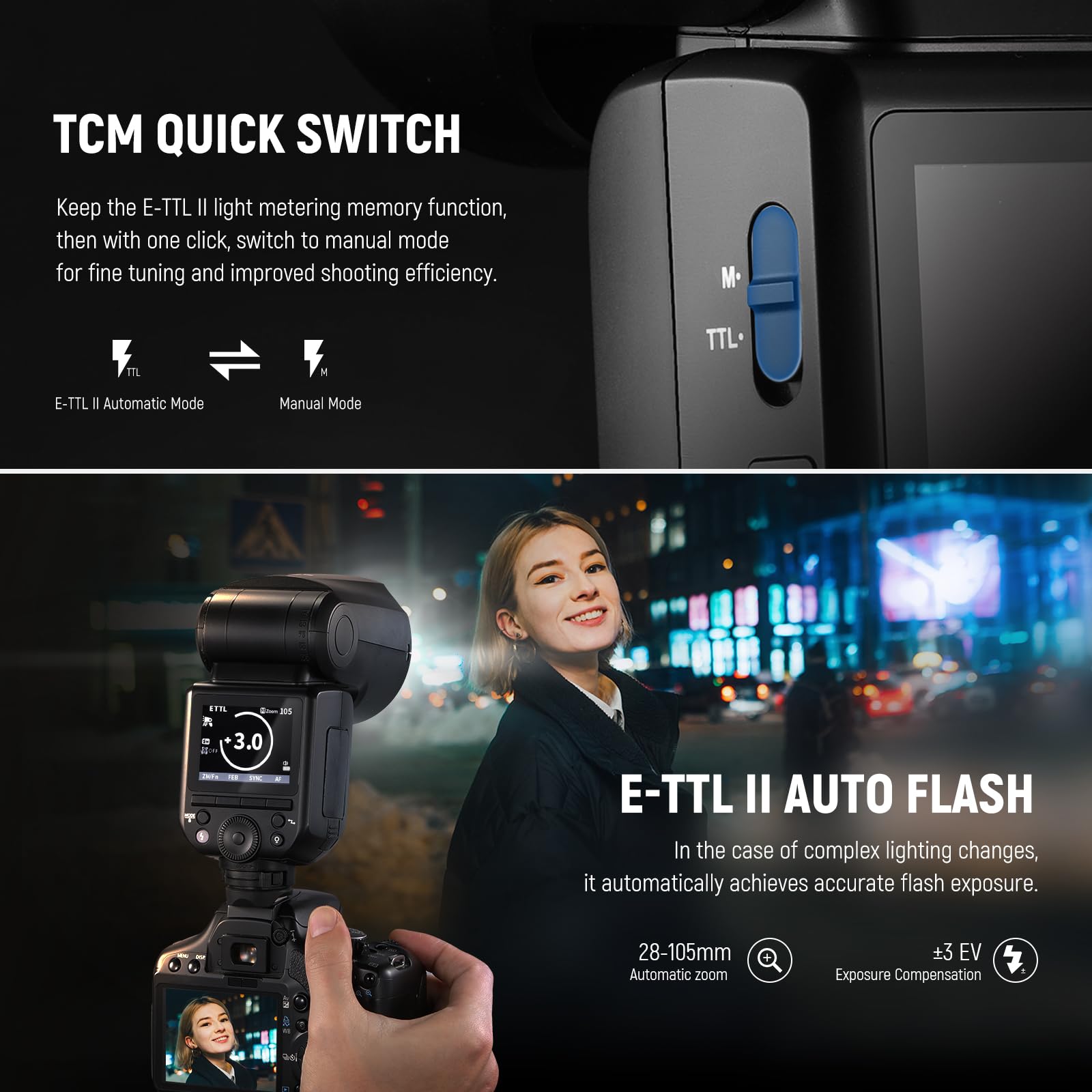 NEEWER Z2-C Flash Speedlite TTL Tête Ronde 2,4G Compatible avec Canon, Flash Speedlight HSS 1/8000s Nouvelle Interface Utilisateur, 2 Lampes Pilotes, Sélecteur TCM TTL/M,600 Flashs