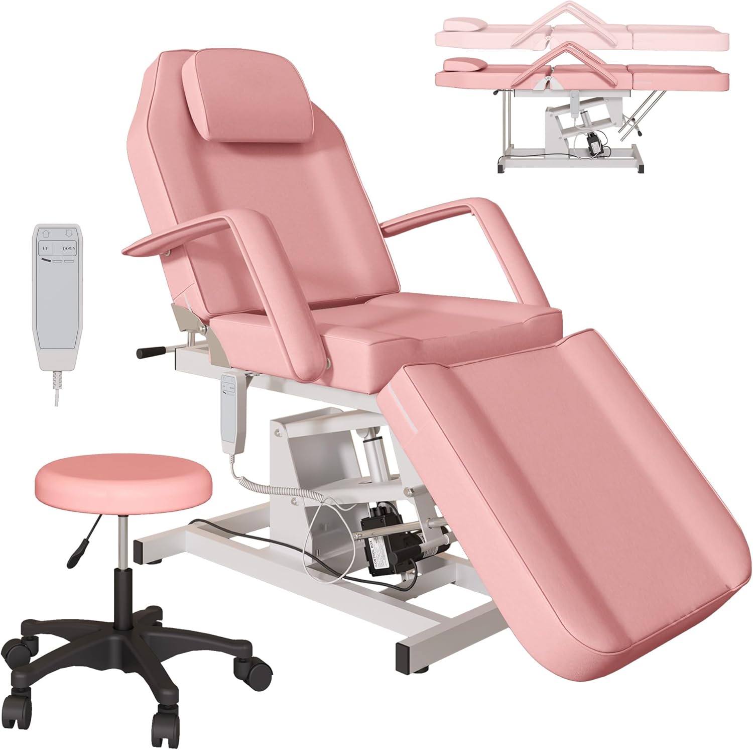 Electric Facial Bed for Esthetician, Tattoo Chair for Client Spa Massage Chair with Hydraulic Stool, 3 Section Esthetician Bed for Home Spa Beauty (Pink)