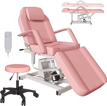 Electric Facial Bed for Esthetician, Motorised Height Adjustment Esthetician Bed for Client,Tattoo Chair Spa Chair Massage Table with Stool for Spa Beauty Rose Pink