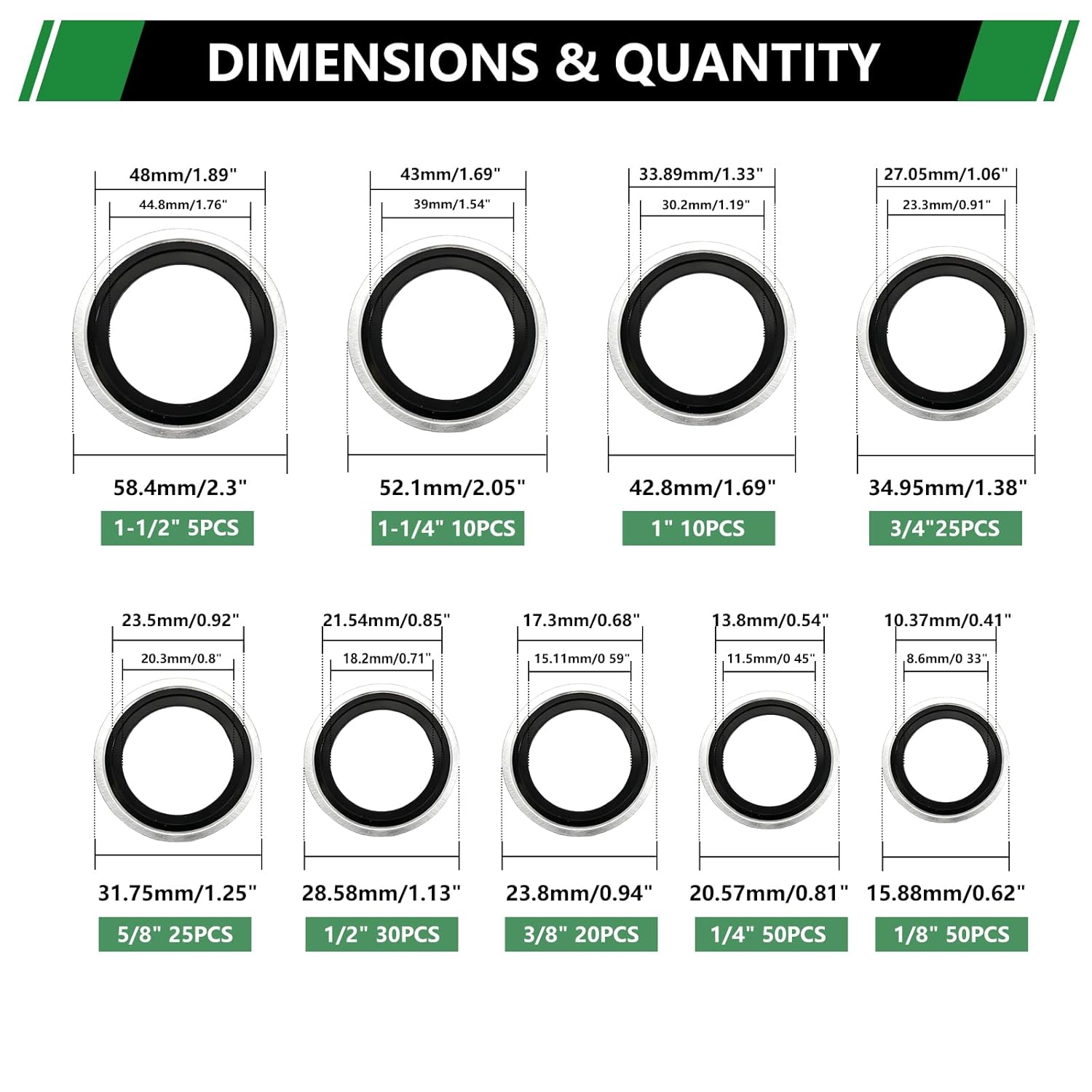 225 PCS Automotive Self-Centering Bonded Sealing Gasket Assortment Kit, 9 Sizes NBR Zinc-Plated Steel Crush Washers for 1/8" 1/4" 3/8" 1/2" 5/8" 3/4" 1" 1-1/4" 1-1/2"