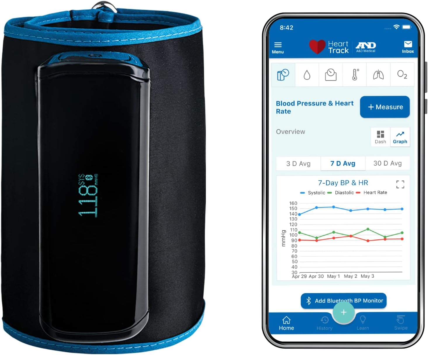 A&D Medical UltaConnect Smart Blood Pressure Monitor for Home Use, UA-1200BLE, Upper Arm Cuff (8.6-16.5" / 22-42cm), 5 Users + 1 Guest. Bluetooth, Portable, iOS & Android Compatible, Rechargeable