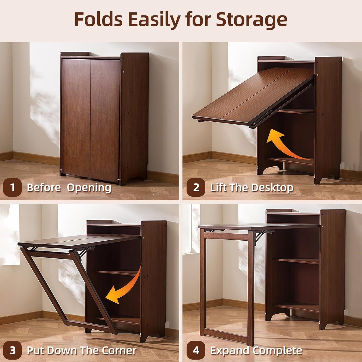 Bamboo Folding Desk with Storage, Space-Saving Foldable Computer Desk for Small Spaces, Writing Study Table for Home Office, Bedroom, Dorm, Apartment,Dark Brown