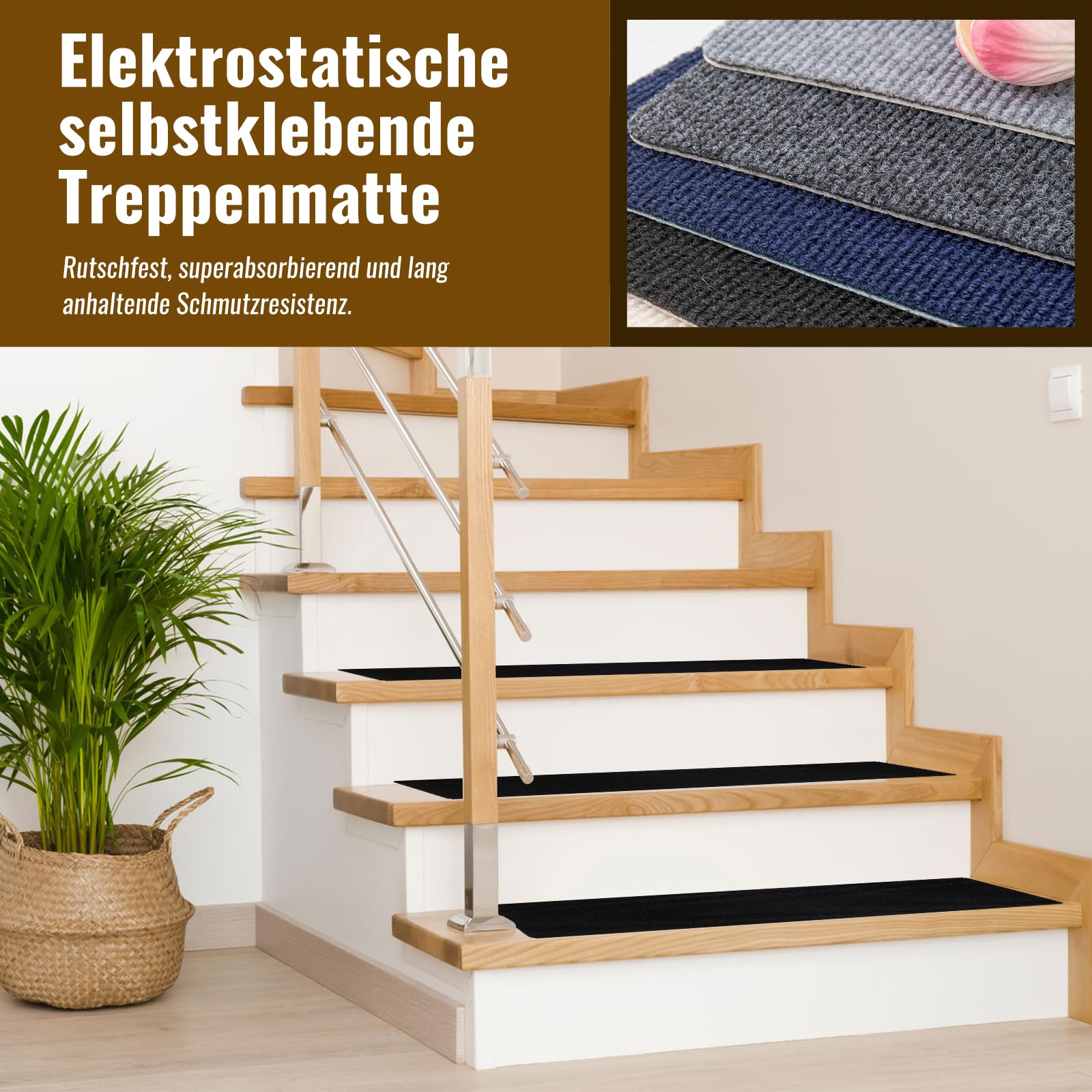 Bandes antidérapantes pour marches d'escalier - 80 x 20 cm - Noir - Durable et confortable - Antidérapantes - Sécurité pour une utilisation en intérieur - Idéal pour la maison, le bureau et la