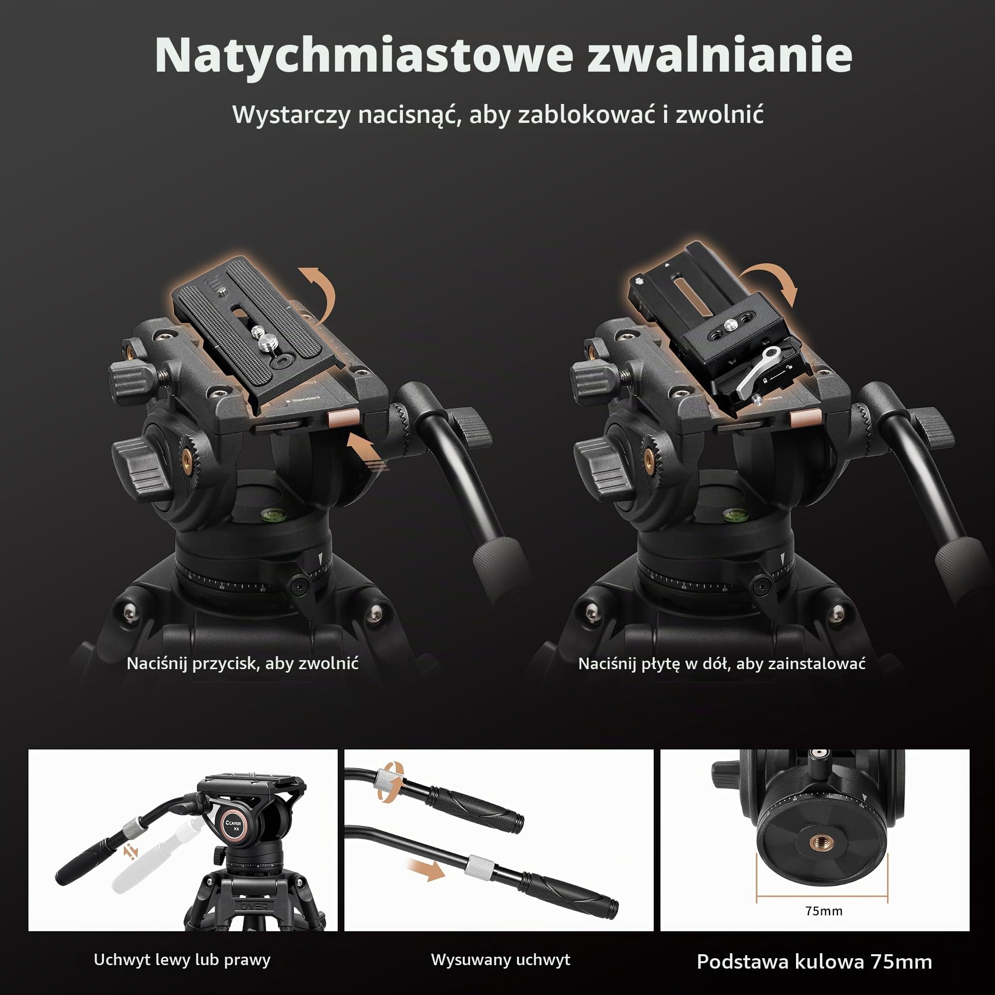 Cayer Statyw wideo, głowica Fluid z płytką do szybkiej wymiany, uchwyt teleskopowy i skalowana podstawa do bezlusterkowych, kamer wideo i lustrzanek cyfrowych, kompatybilny z płytą gimbal do serii DJI