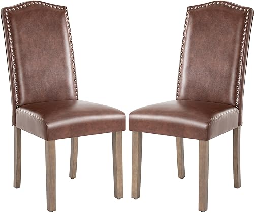 Miniatura 11 de Silla de comedor tapizada elegante Parsons para cocina con ribete plateado de cabeza de clavo y patas de madera, paquete de 2, color marrón claro de