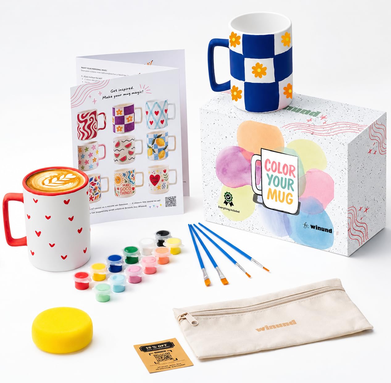 Winund – Set de 2 Tazas para Pintar con Pinturas Cerámica (12 Colores Pastel + Estándar), Pinceles, Esponja e Instrucciones – Manualidades Creativas y Regalo Original para Adultos y Niños