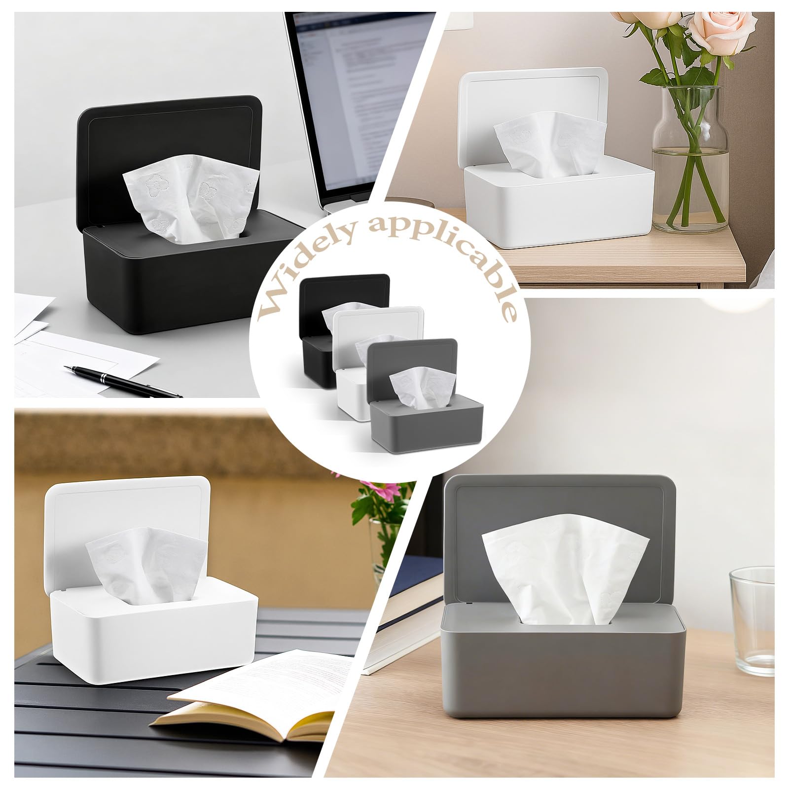 3 Stück Feuchttuchspender, nachfüllbarer Feuchttuchbehälter mit Deckel, 18 x 12 x 7 cm, wiederverwendbarer Tuchspender für Badezimmer, Küche, Schlafzimmer, Wohnzimmer, Büro, Auto (schwarz, weiß, grau)