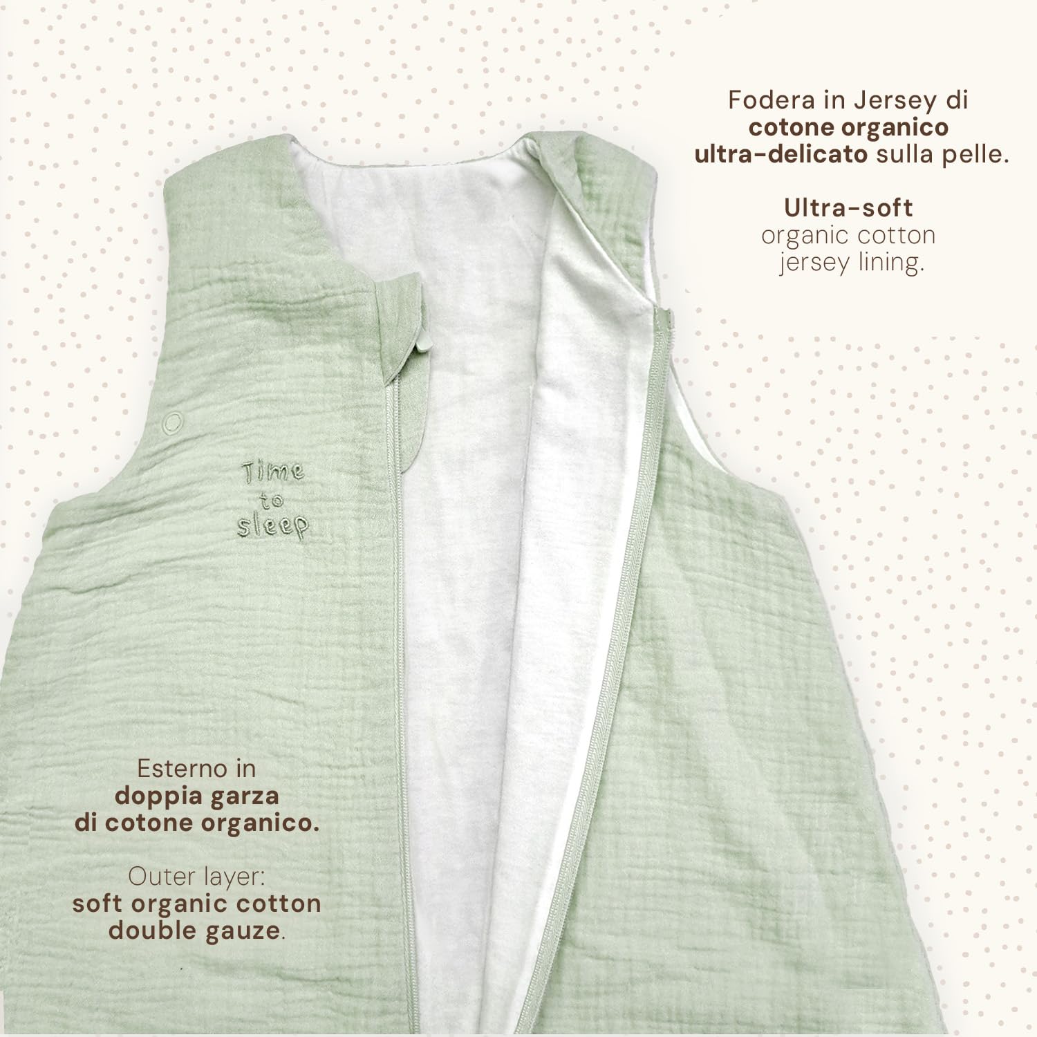 PERLETTI Sacco Nanna Tog 1 Estivo Primavera con Piedini Cotone Organico - Senza Maniche Neonato Bambino Bambina 12-24 Mesi e 24-36 Mesi - Leggero Morbido Pratico con Cerniera Centrale