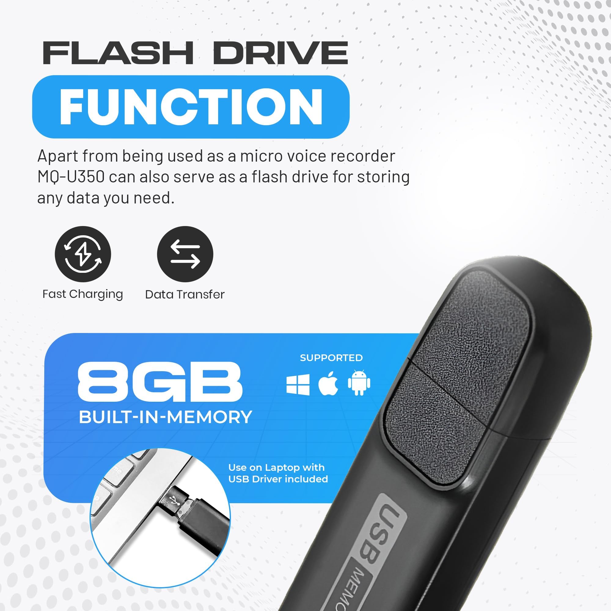 Registratore audio digitale USB-C per appunti, lezioni e riunioni, 288 ore di memoria, 26 ore di batteria, data e ora, facile riproduzione su PC/Mac, registratore vocale compatto per l'uso quotidiano