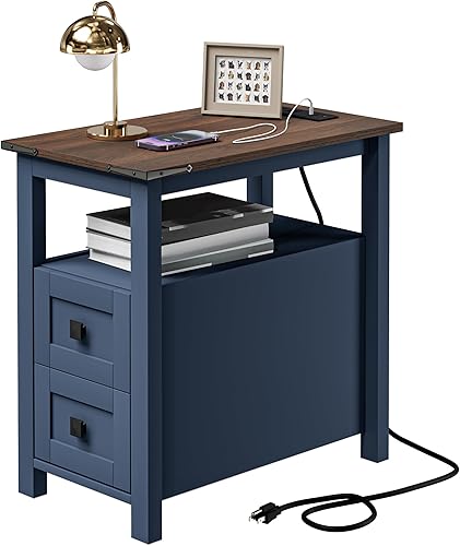 Mesa auxiliar de granja con estación de carga y 2 cajones de almacenamiento, mesita de noche de madera azul estrecha, mesa auxiliar delgada rústica,