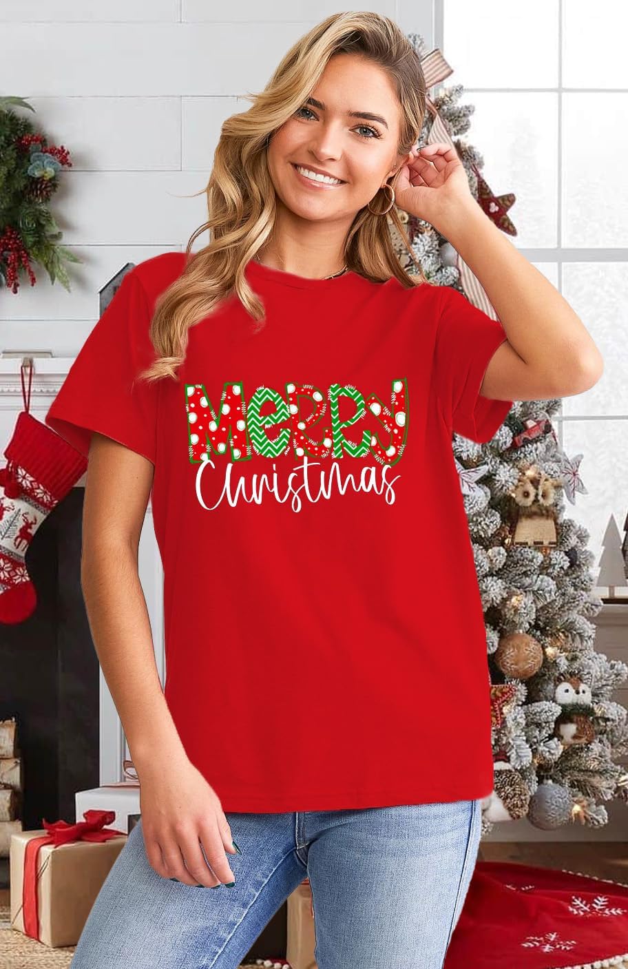 LBP Womens Christmas Shirt Merry Christmas Letter Print T-Shirt Xmas Holiday Tee Tops - Image 2