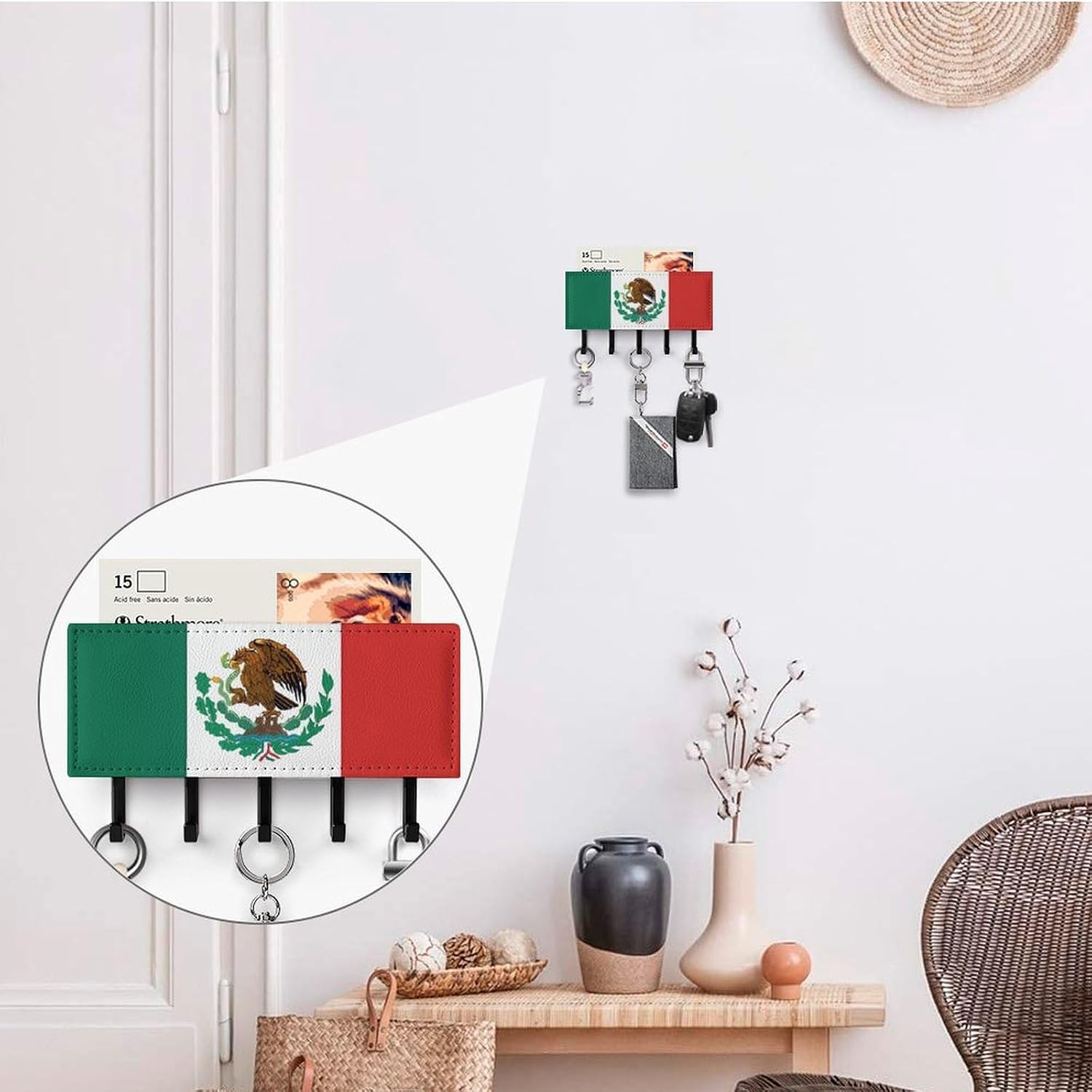 Flag of Mexico Key Holder Wall Mount, Adhesive Key Rail Rack Hanger Holder Black with 5 Hooks, No Drill, Keys Chain Organizer for Living Room, Front Door, Hallway, Office