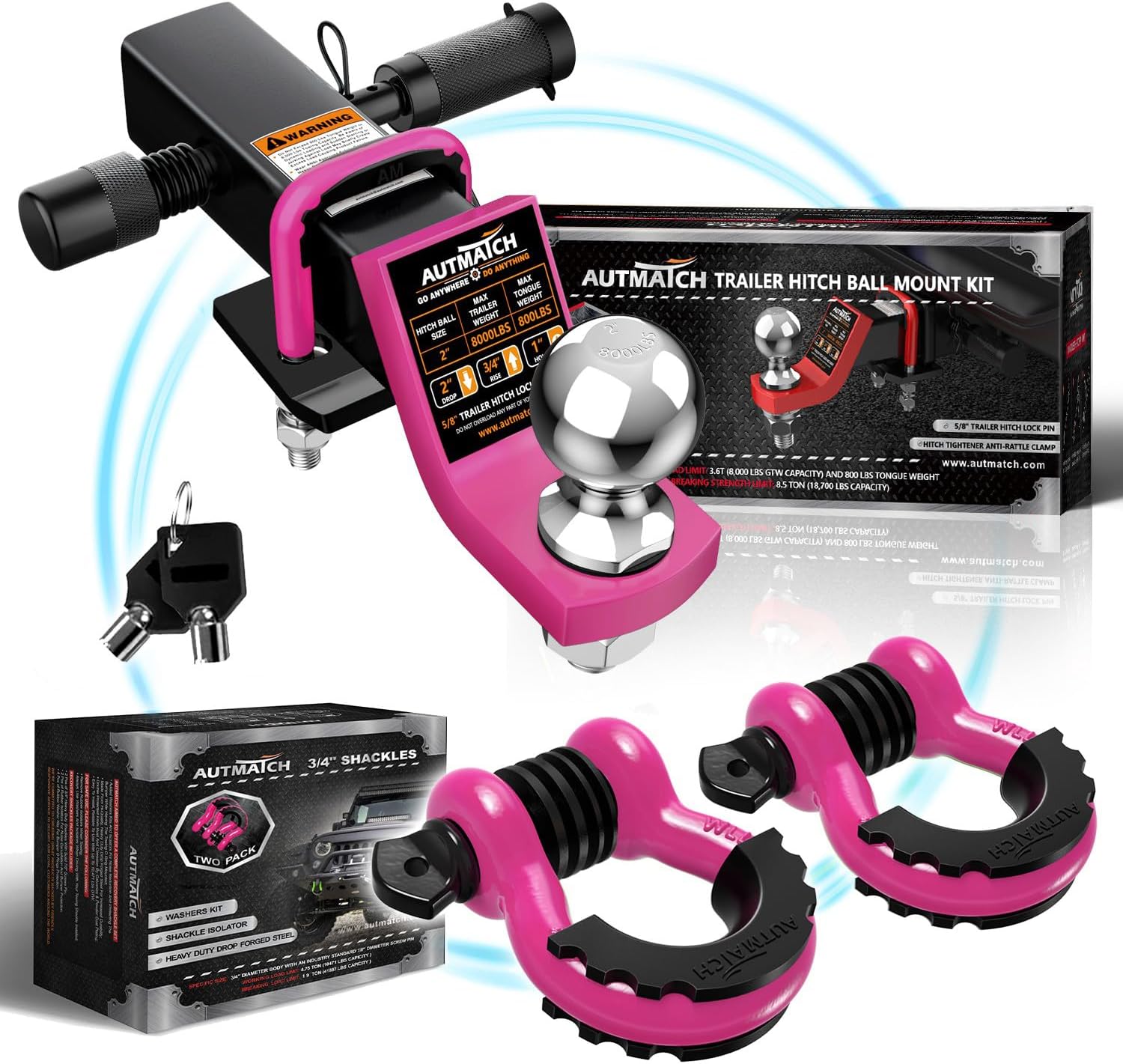 AUTMATCH 3/4" D Ring Shackles with Trailer Hitch Ball Mount & 2" Hitch Ball, Fits 2 Inch Receiver, 8000Lbs Capacity Ball Hitch, 2-Inch Drop with 5/8" Hitch Lock Pin, Pink