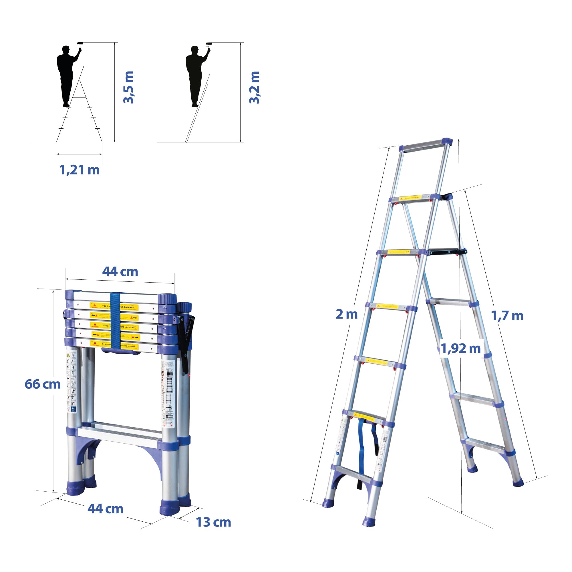 HOSTRÖM Escabeau 7 marches telescopique EXTENDACT6, Echelle telescopique 2m+1.7m, escabeau Pliable télescopique, H Max Travail 3,5m, Garantie 5 Ans