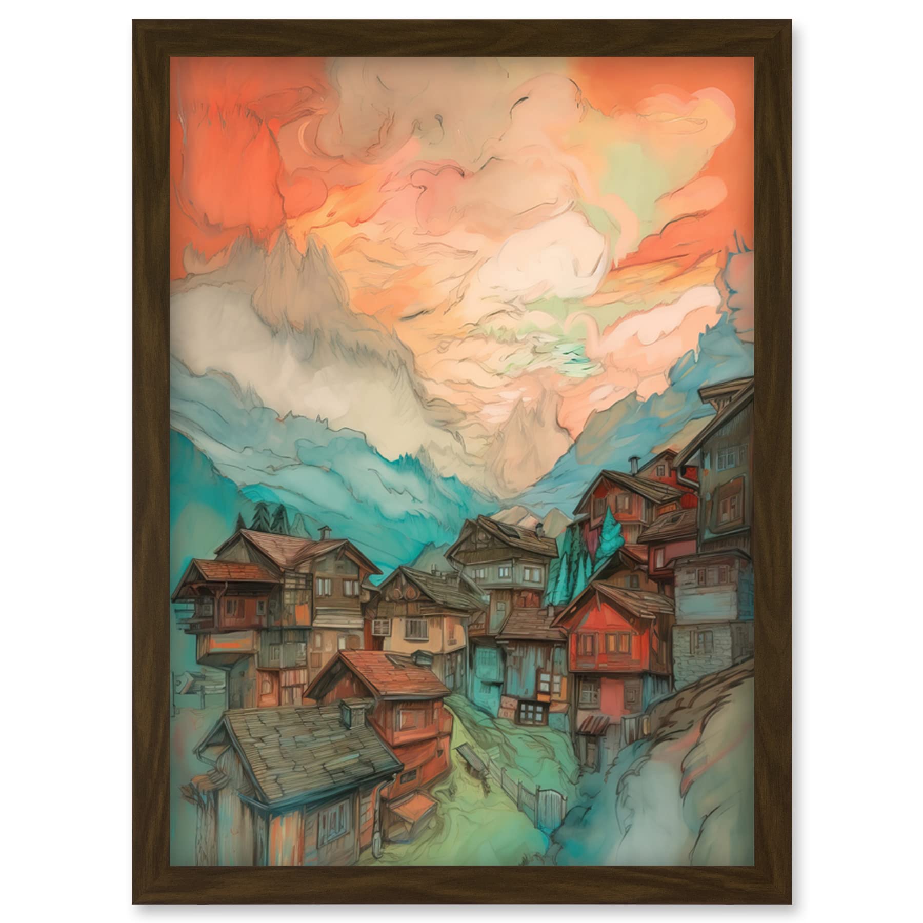 A4 Framed Watercolour Print - Pink Dawn Atmospheric Clouds Over Small Mountain Village in the Alps - Modern Wall Art