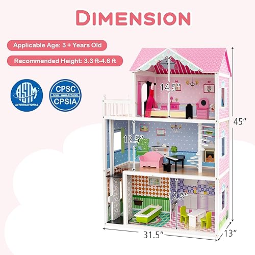 Miniatura 7 de Costzon Casa de muñecas, casa de ensueño de madera con elevador de trabajo, escalera giratoria, 10 piezas de accesorios de muebles, casa de muñecas
