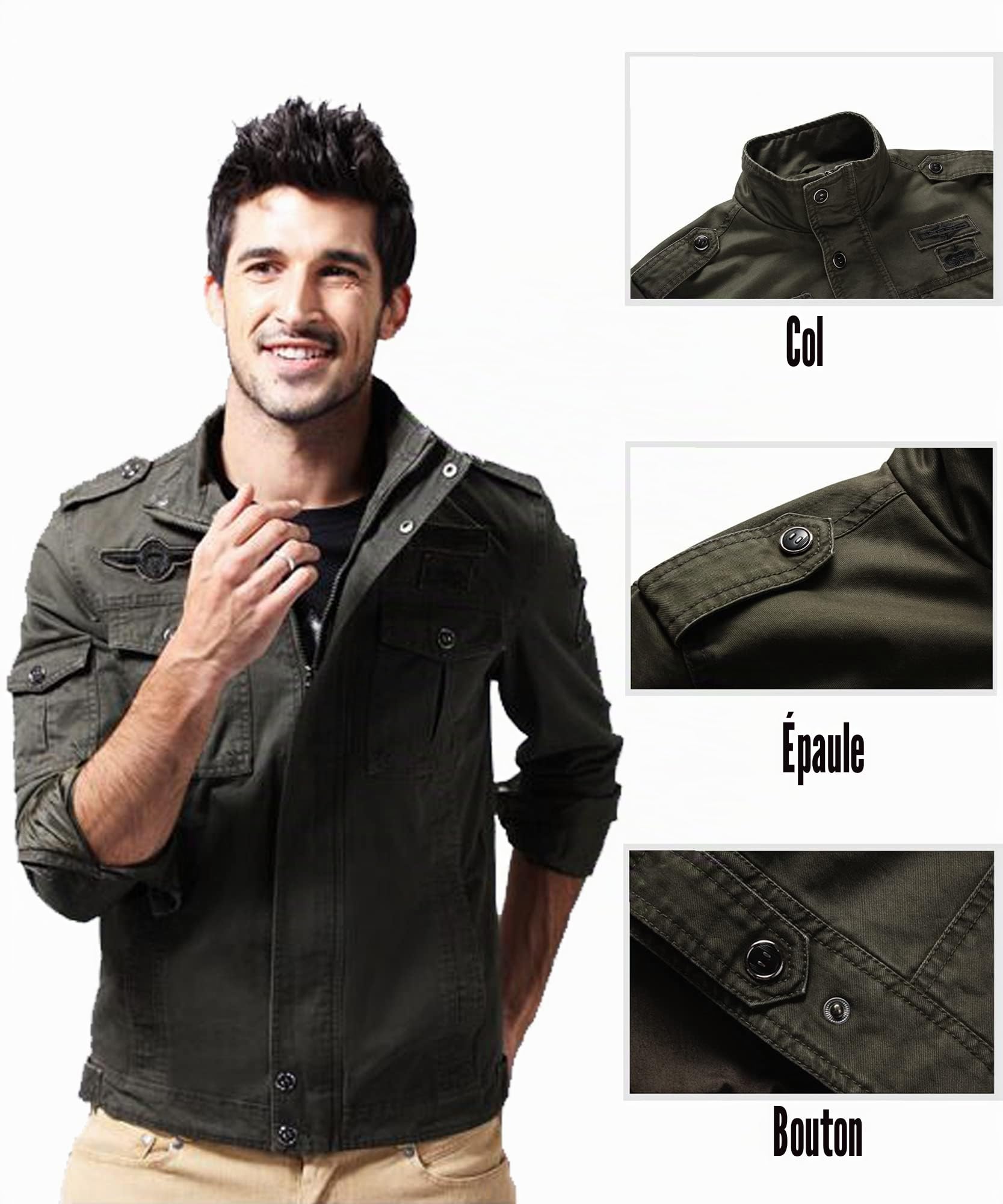 Veste demi-saison militaire pour homme Col montant Veste d'aviateur en coton bomber Plusieurs poches Veste militaire