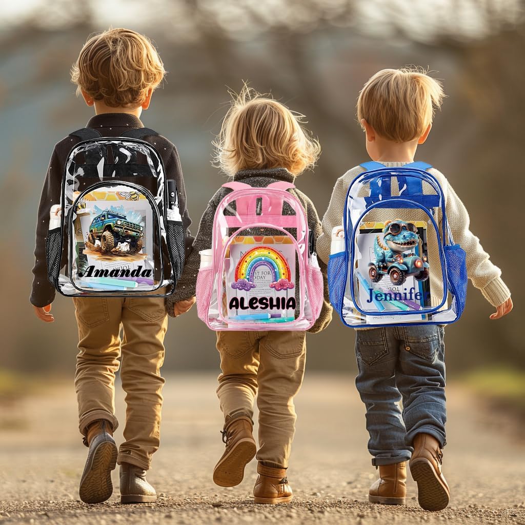 Personalized Boys Clear Backpack for School, Custom Name PVC Kids Transparent Backpack Through Backpack, Large Space Durable Heavy Duty Clear Backpack for School Work ＆ Travel (Black, Blue, Pink)