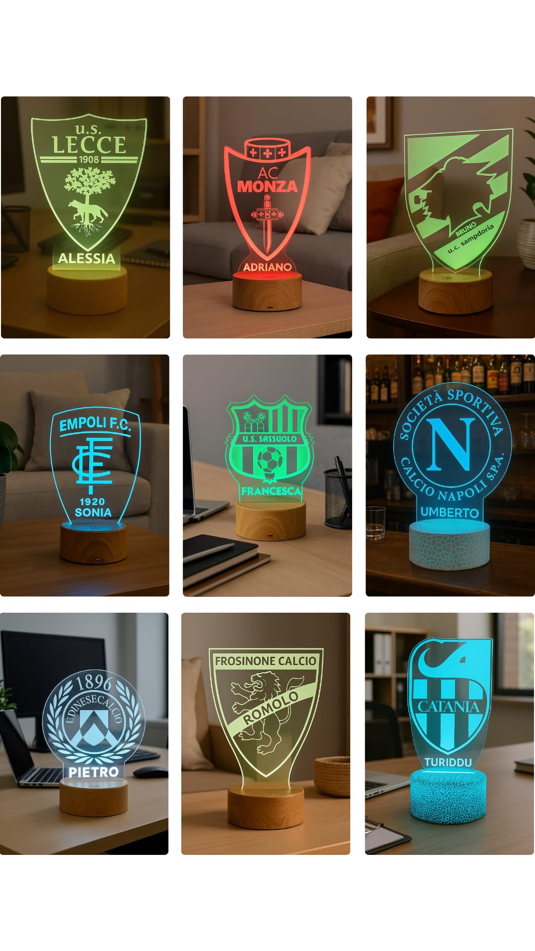 Lampada LED da Calcio Personalizzata con Nome e Stemma della Tua Squadra Del Cuore | 7 Colori USB/Batterie | Regalo Originale per Tifosi, Bambini, Amici e Familiari | Decorazione Camera o Studio