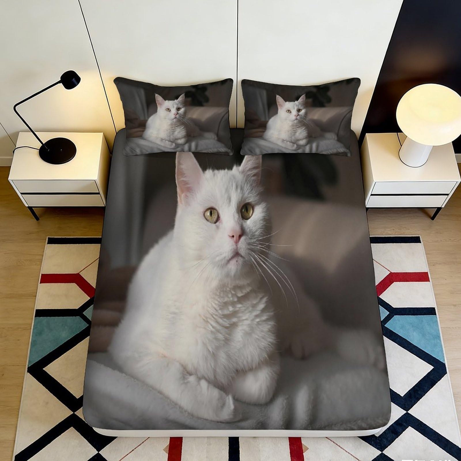 Jqzkxnhpbr Style-2 3D Printed White Cat Fitted Sheet Microfiber Soft Non-Slip Animal Portrait Bed Cover For Bedroom Dorm Mattress Decor 90X200x25cm