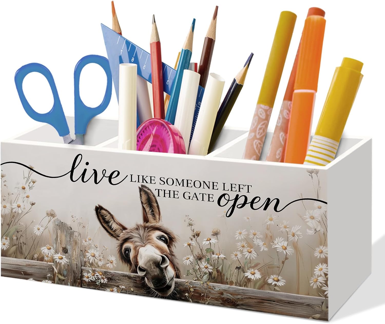Farmhouse Donkey Gifts Pen Holder for Home Office Desk, Donkey Daisy Floral Office Desk Decor, Live like Someone Left the Gate Open Brush Toothbrush Holder Organizer for Bedroom