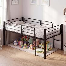 KOMFOTT Twin Size Low Loft Bed, Heavy Duty Metal Bed Frame with Safety Guardrails & 2 Ladders, Space Saving Loft Bed with Under-Bed Space for Kids Boys Girls Junior, No Box Spring Needed Black