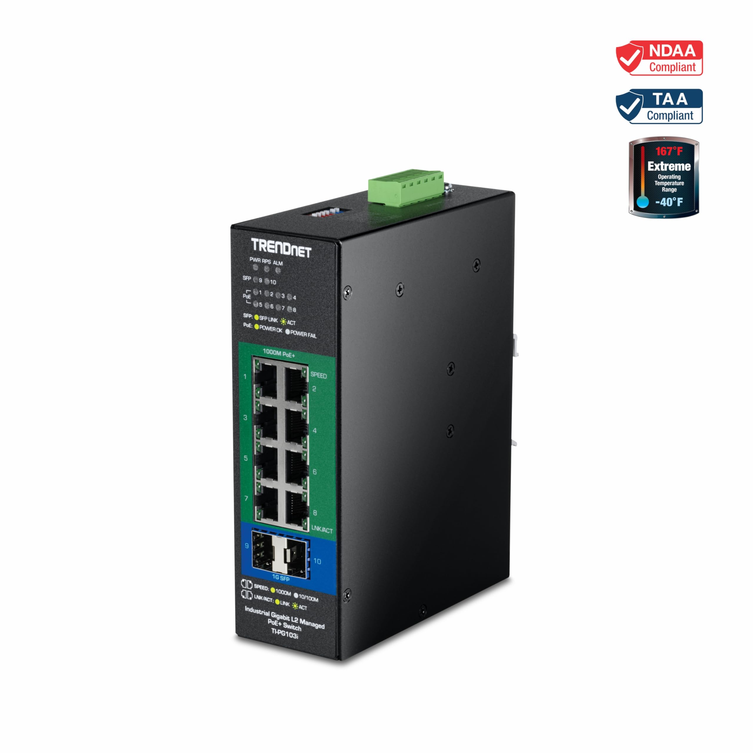 TRENDnet 10-Port Industrial Gigabit L2 Managed PoE+ DIN-Rail Switch, TI-PG103I