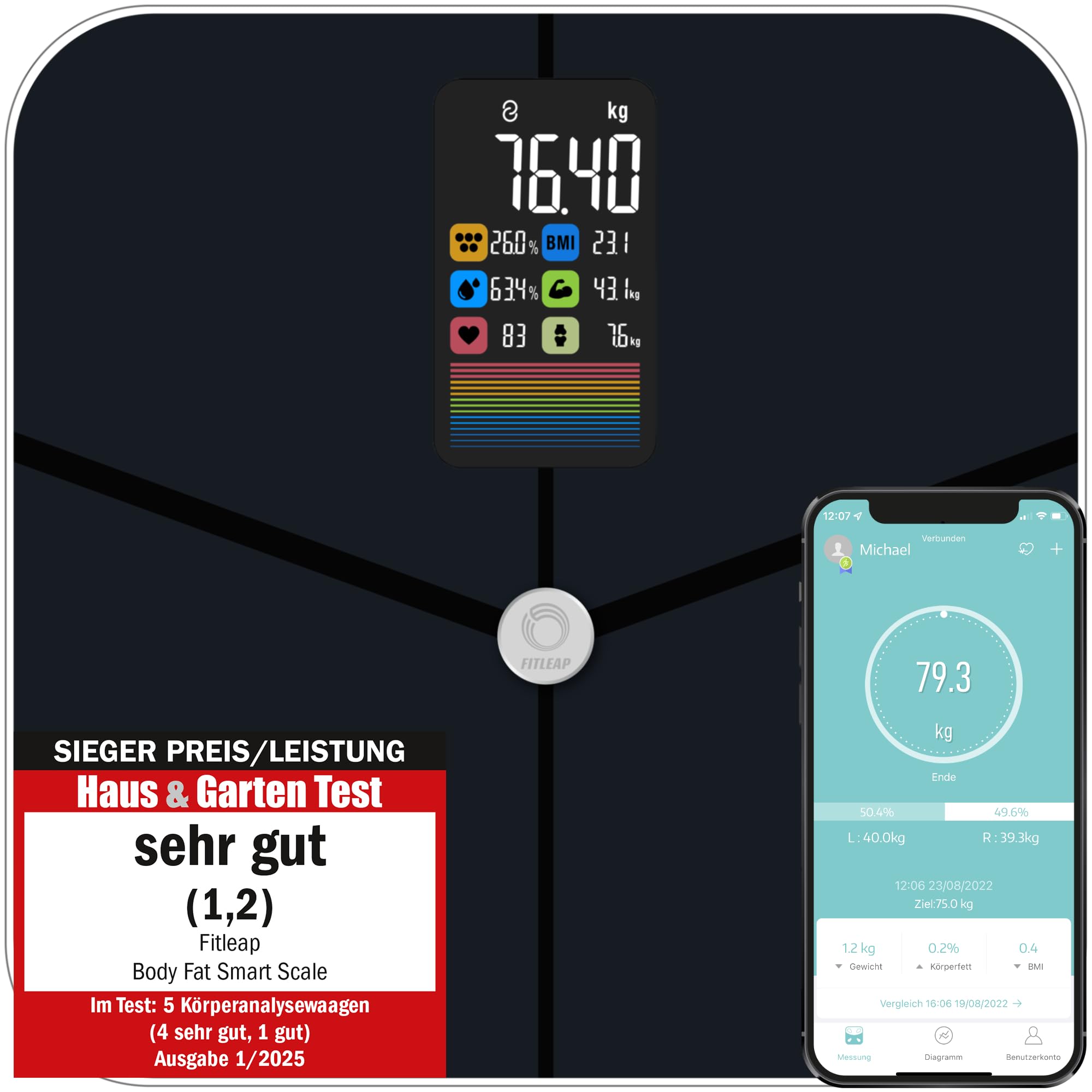 Fitleap Körperfettwaage mit Körperfettanalyse, digitale Bluetooth Personenwaage mit App-Funktion, Waage mit Körperzusammensetzungsfunktion