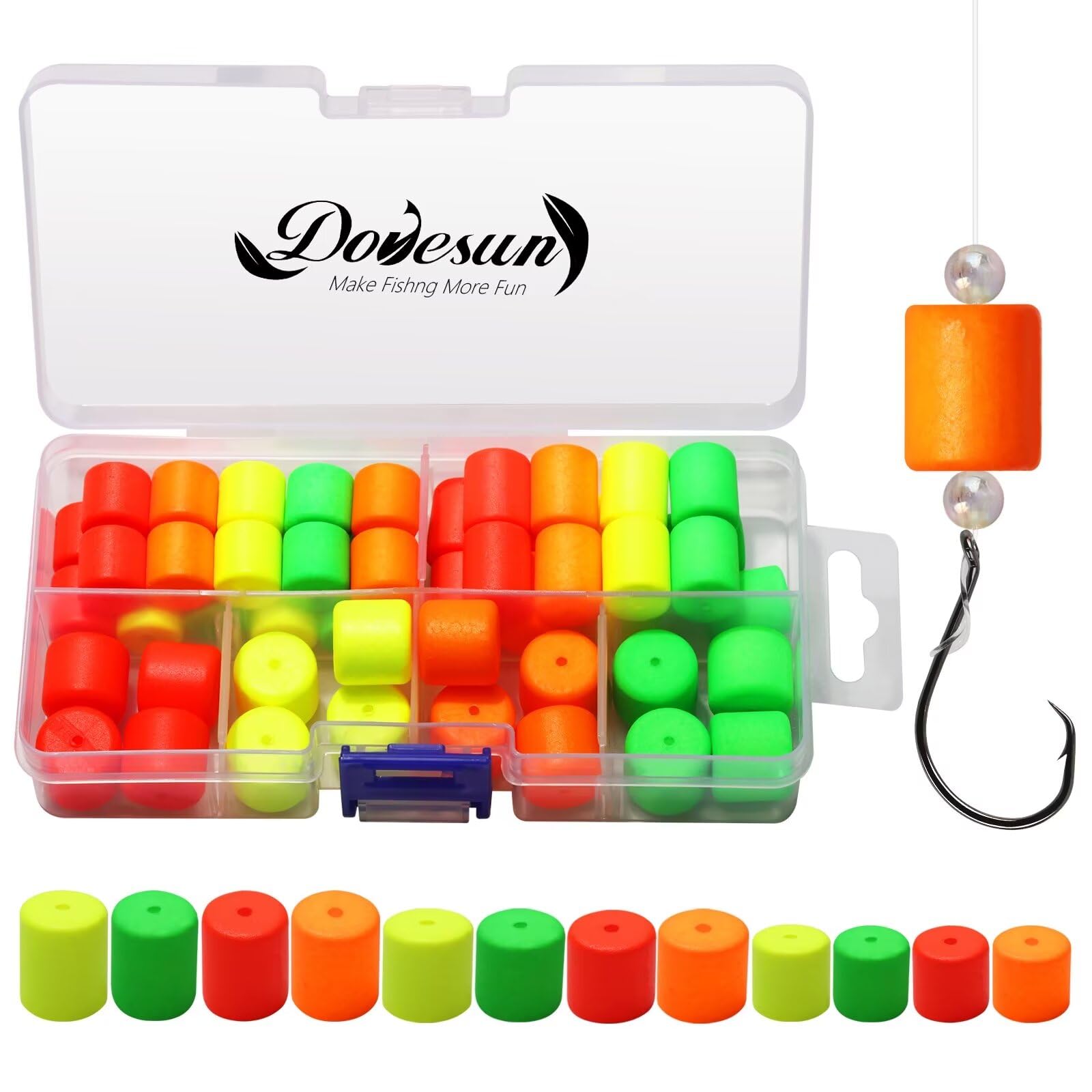 Dovesun 52pcs Foam Floats Pompano Rigs Fishing Rig Floats Fly Fishing Floats Bright Color Round, Bullet, Cylindrical, Spin
