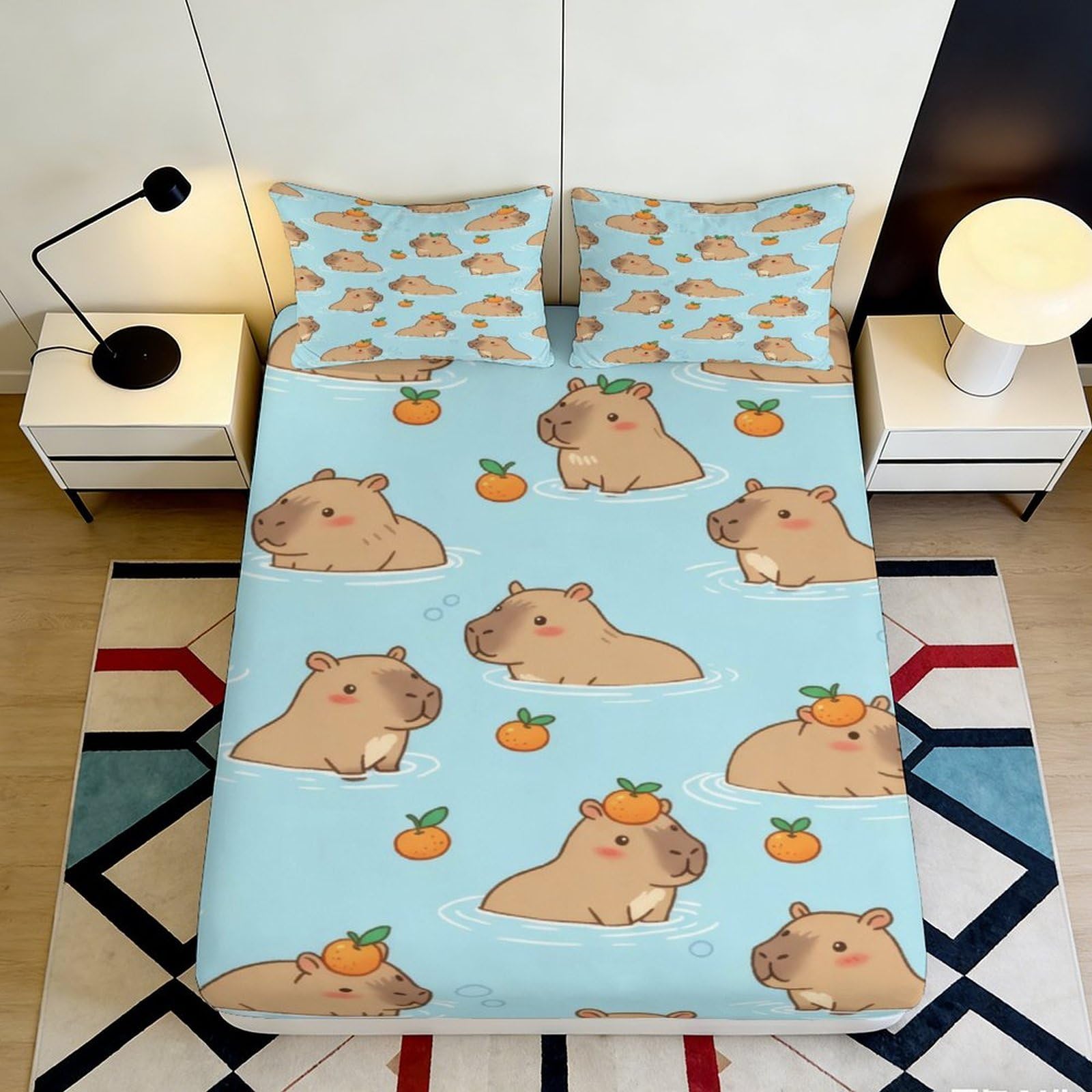 Jqzkxnhpbr Style-4 3D Printed Capybara Fitted Sheet Microfiber Soft Blue Orange Fruit Mattress Cover For Bedroom Dorm Decor 90X200x25cm