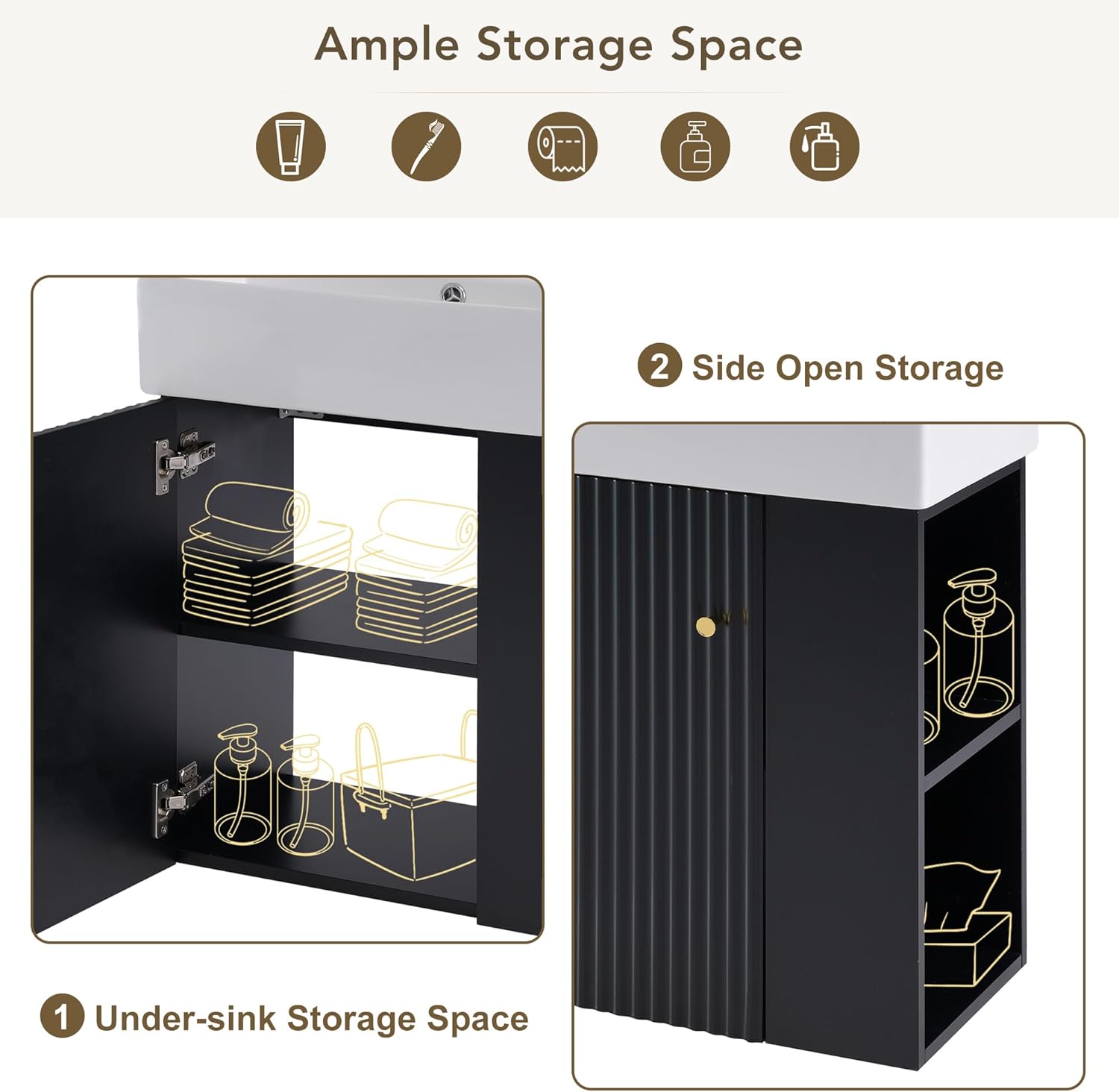 Linique 21.6" Modern Floating Wall Mounted Bathroom Vanity with Porcelain Sink Combo Set, Solid Wood Frame Bathroom Storage Cabinet with Right Side Storage and Soft-Close Doors, Black