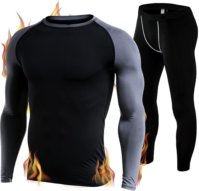 Fit Nation Thermal Underwear Men Set: Long John Long Sleeve Breathable Thermal Base Layers - Skiing Running Workout Hiking Athletics Compression Top & Bottom Set