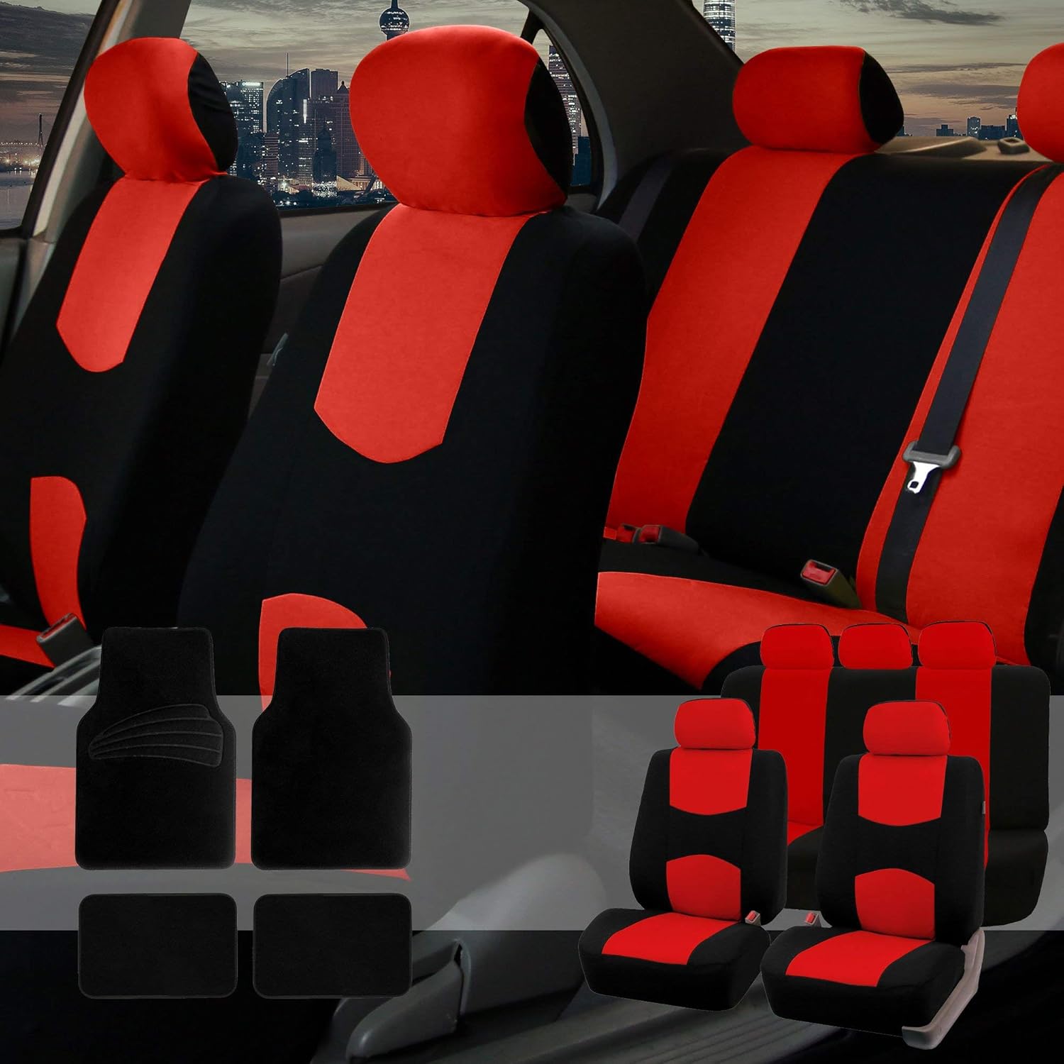 FH Group Car Seat Covers Flat Cloth Full Set – Universal Fit for Cars Trucks & SUVs (Orange) FB050115 + F14407