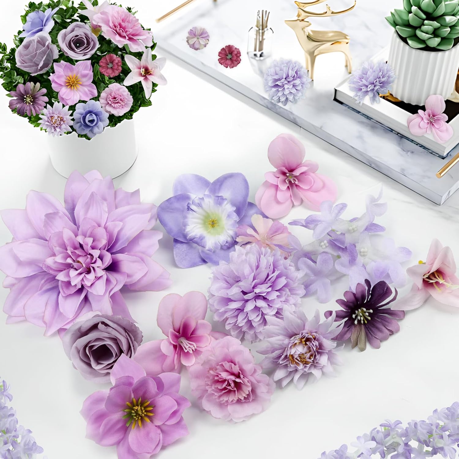 Artificial Flower Heads, Mini Silk Roses Peonies Daisy Purple Floral Fake Flower Heads for DIY Wreath Gift, Cake Decorations, Table Centerpieces, Party Wedding Home Decoration, 26PCS - Image 4