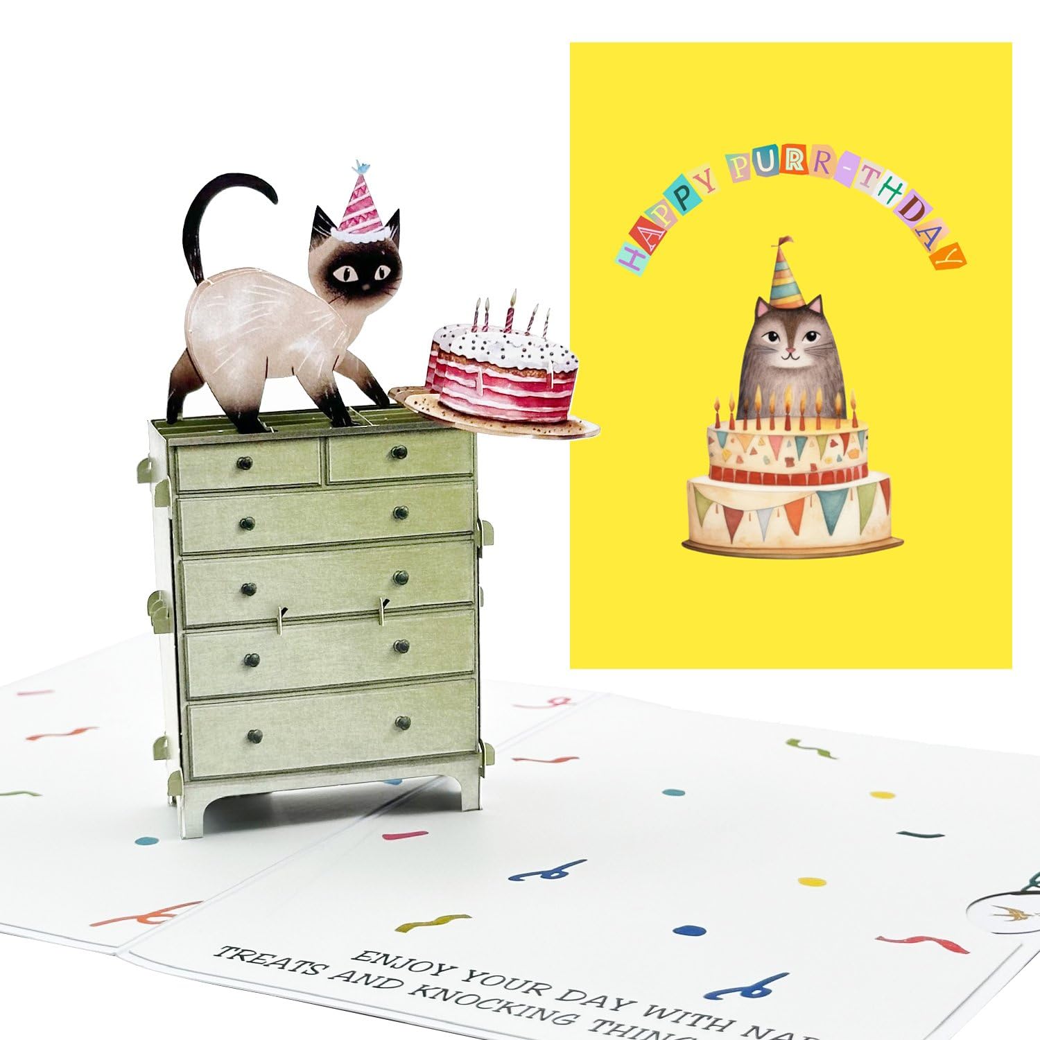 AIMEEOI Birthday Card, Funny Cat Birthday Card, Gifts for Cat Lovers, Cat Pop Up Card with Envelope and Removable Note Card, Cute Siamese Cat.