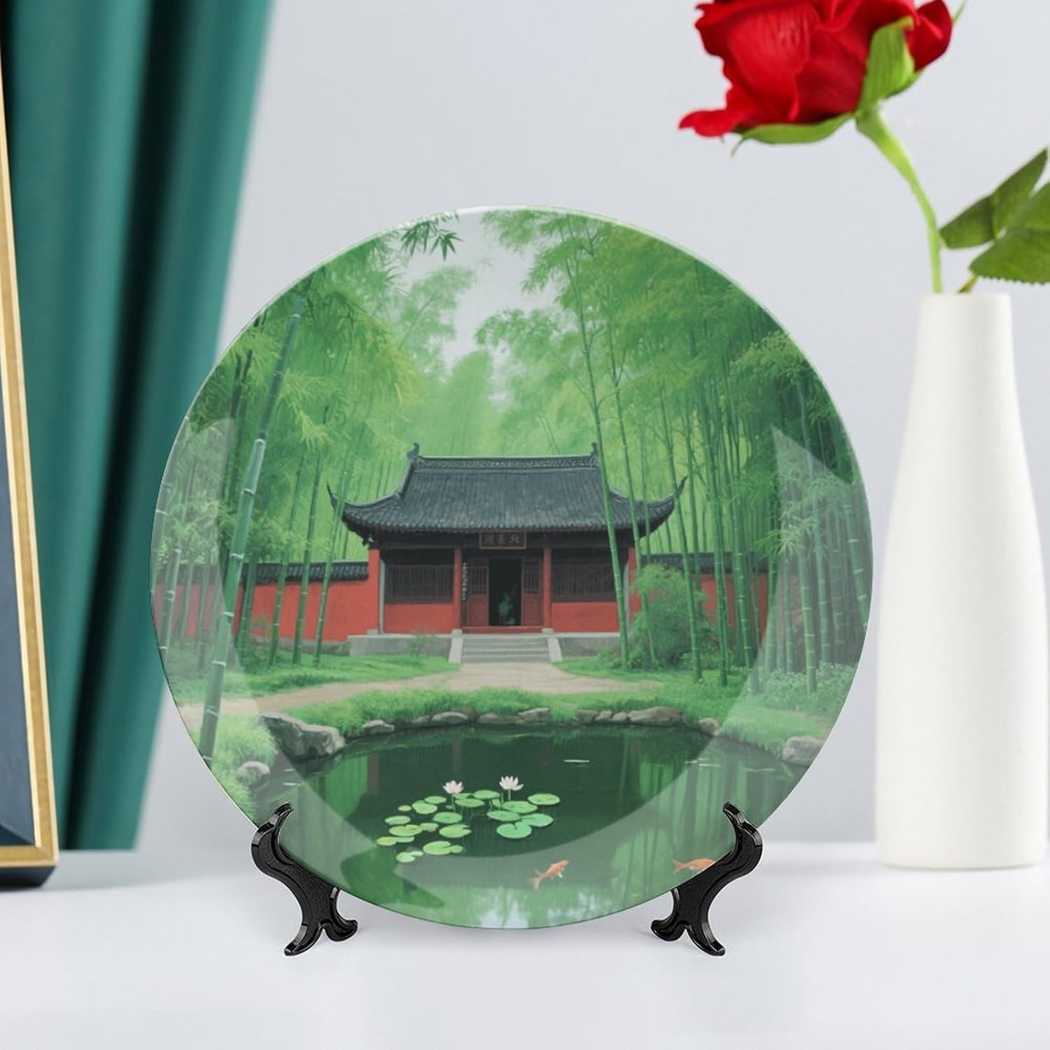 Bone China Decorative Plates Ancient Temple in Bamboo Forest Ceramic Decorative Plate Wall Decor with Display Stand Ceramic Ornaments for Wall Hanging Decoration