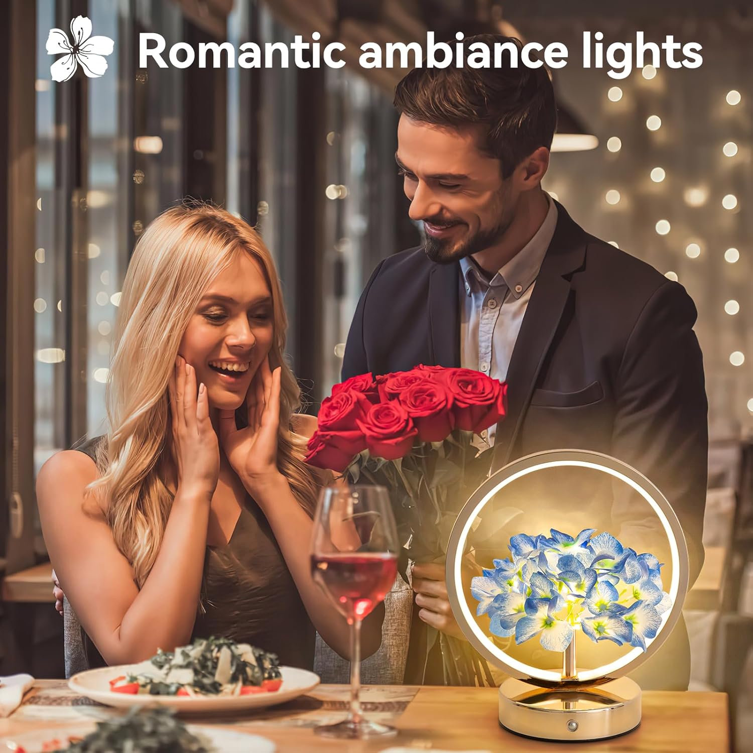 Birthday Gifts for Women Mom,Hydrangeas Flower Touch Lamp,Rechargeable Cordless 3 Way Dimmable Small Night Light for Bedroom,Living Room,Office Home Decor Thank You Gifts for Festival-Blue