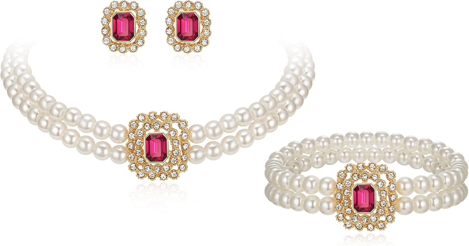 Flyonce 3 Pcs 1920s Pearl Choker Necklace Earrings Bracelet Sets, Vintage Faux Pearls Strands Necklaces Great Gatsby Flapper Party Cosplay Roaring 20s Halloween Costume Jewelry Set for Women