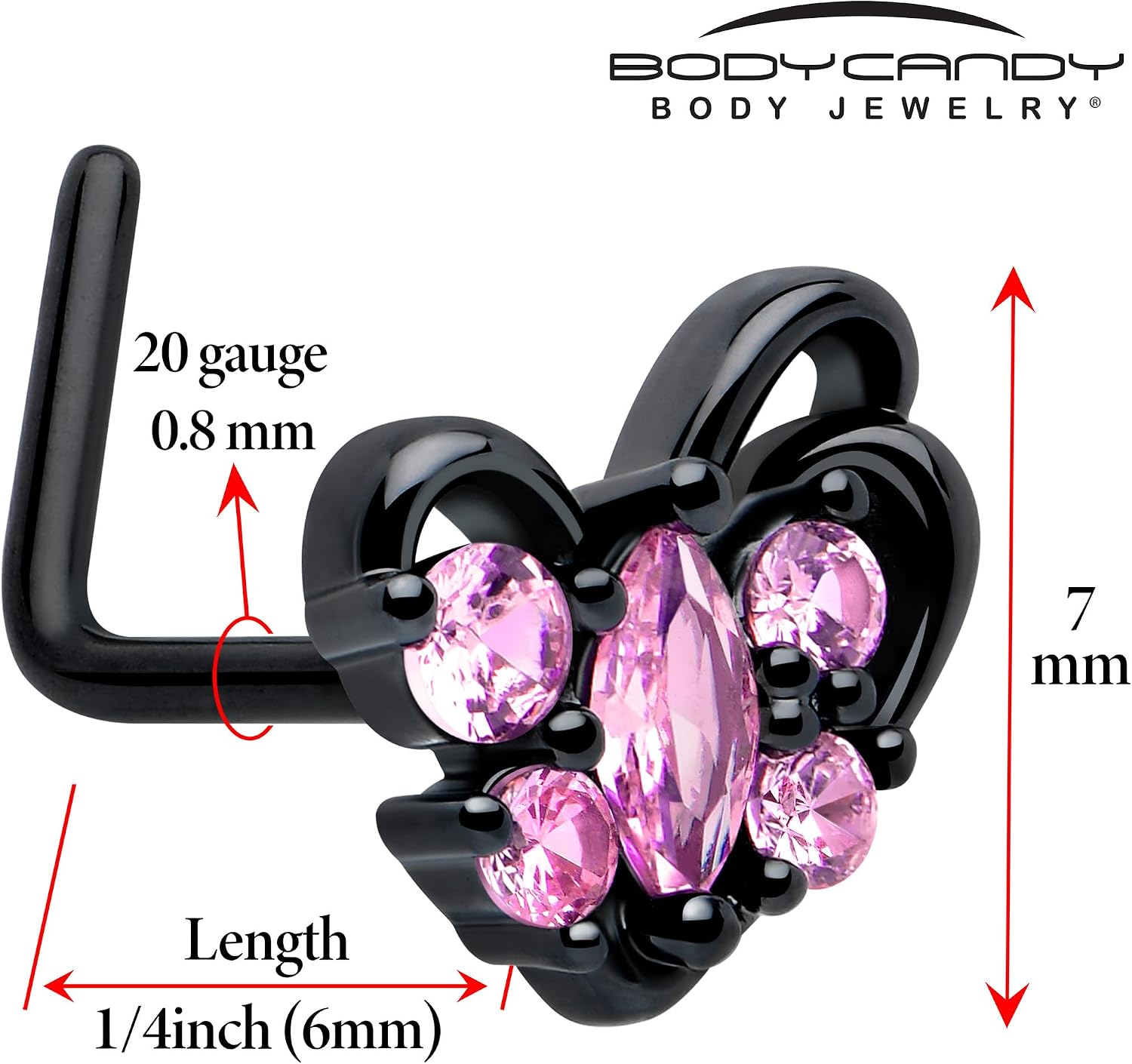 Body Candy 20 Gauge Nose Ring - 316L Stainless Steel L-Shape Nose Ring Black Looping Heart Nose Stud for Women Men