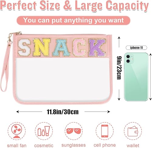 Miniatura 2 de izuzta Bolso transparente con letras de chenilla, bolsa transparente con cremallera y correa para la muñeca, Rosado